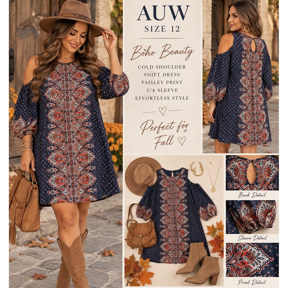 AUW Cold Shoulder Shift Dress Size 12 Navy Orange Paisley Boho 3/4 Sleeve 459477